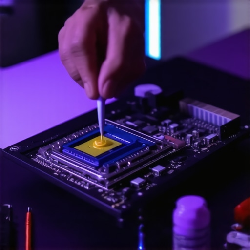 A person expertly applying thermal paste to a laptop CPU to improve cooling efficiency.