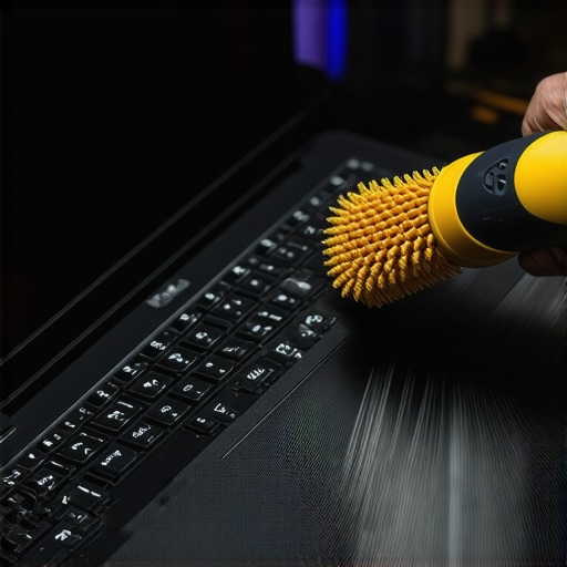 A person cleaning a gaming laptop with compressed air and a soft brush to improve cooling