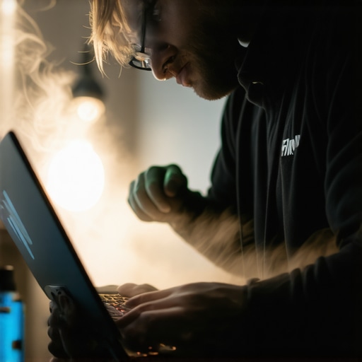 Technician cleaning a gaming laptop's vents with compressed air to prevent overheating