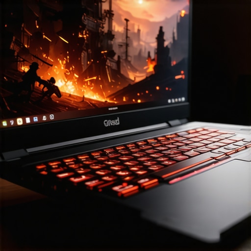 Gaming laptop with visible cooling vents and a colorful game display
