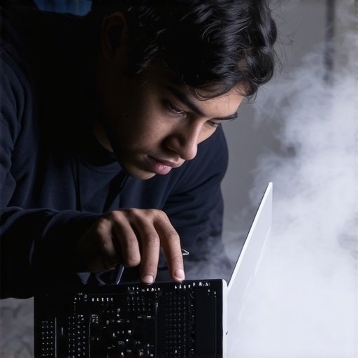 Technician cleaning gaming laptop's interior with compressed air for maintenance