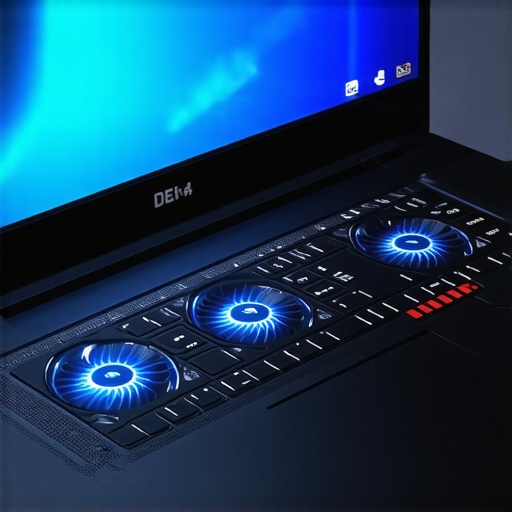 Gaming laptop with visible cooling fans and airflow during gaming session.