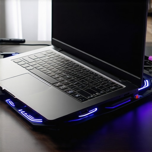 Gaming laptop placed on a cooling pad with airflow