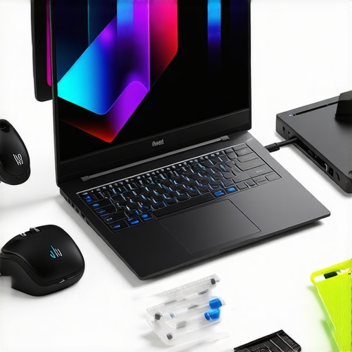 Gaming laptop with maintenance tools, thermal monitoring screen, and cleaning supplies