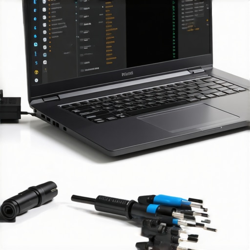 A technician's hands using thermal probes and cleaning supplies on a gaming laptop with monitoring software on screen.