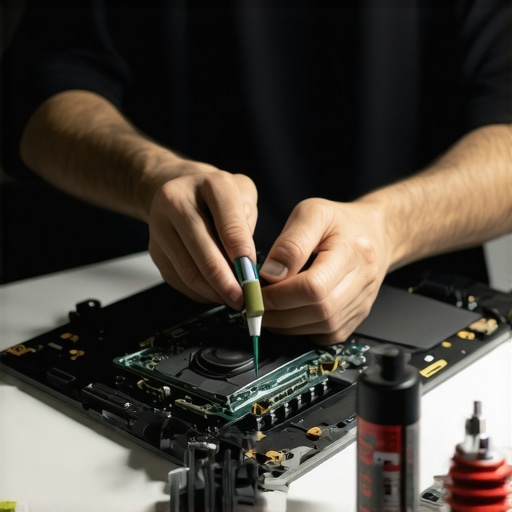Close-up of hands applying thermal paste to a laptop CPU to improve cooling performance.