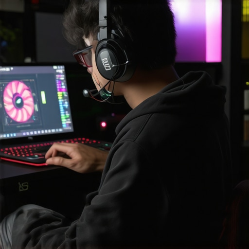 Gamer customizing fan curves on a gaming laptop with cooling accessories.