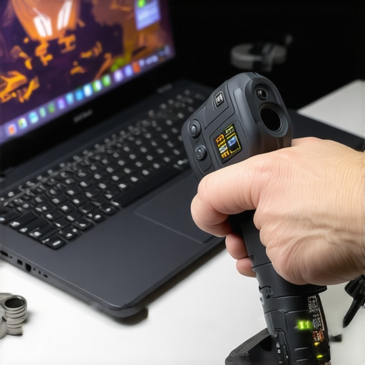 Technician measuring gaming laptop temperatures with an infrared thermal gun during maintenance.