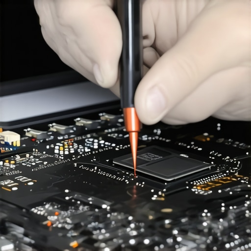 Close-up of technician applying thermal paste to a gaming laptop's CPU during upgrade process.