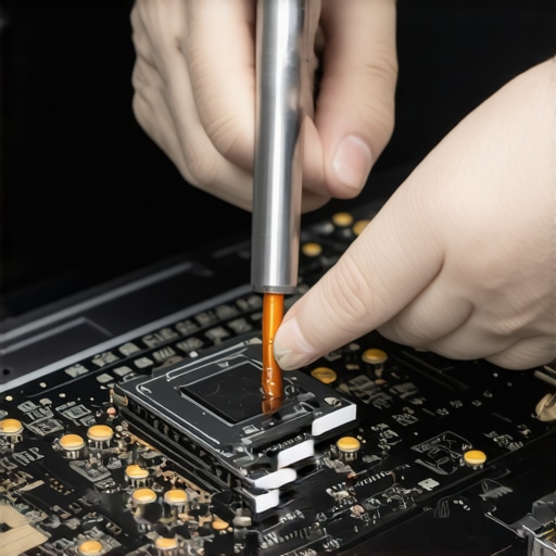 Technician spreading thermal paste on a gaming laptop CPU for cooling upgrade.