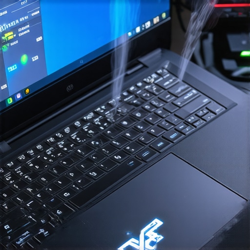 Gamer using compressed air to clean a gaming laptop while monitoring temperatures