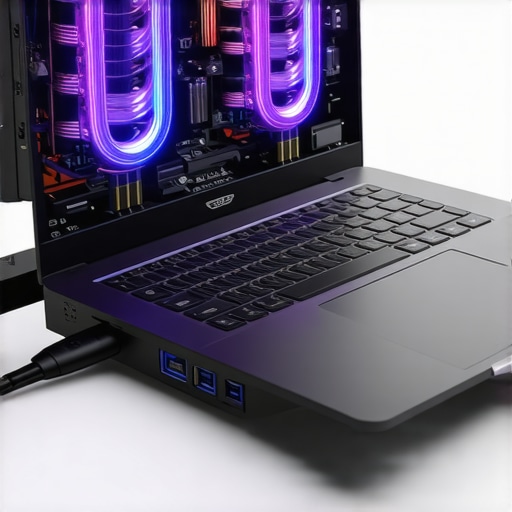 A close-up image of an external liquid cooling dock connected to a gaming laptop, highlighting cooling tubes and LED indicators
