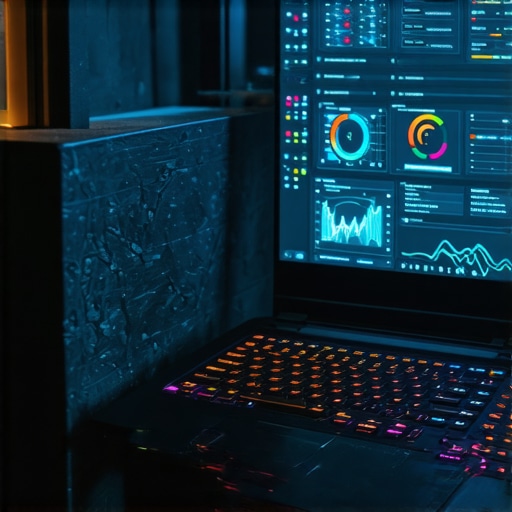 Close-up of a gaming laptop with software monitoring CPU and GPU temperatures for optimal performance.