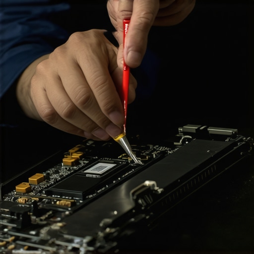 Person applying thermal paste to gaming laptop GPU during maintenance.