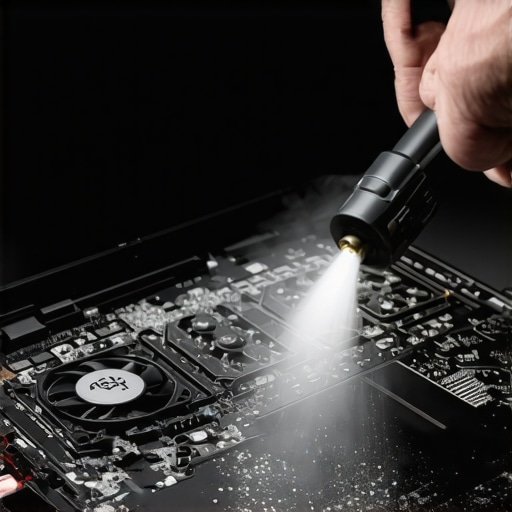 Technician cleaning dust from gaming laptop interior with compressed air.