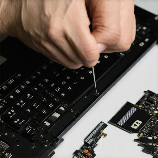 Close-up of a person replacing thermal pads inside a gaming laptop during a repair process.