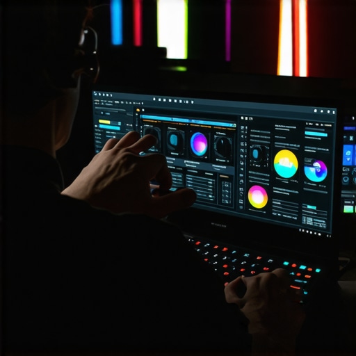 Gamer calibrating display settings on a high-performance gaming laptop for better visuals.