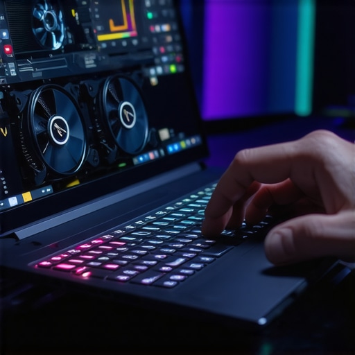 A gamer adjusting fan settings and monitoring system temperatures on a gaming laptop.