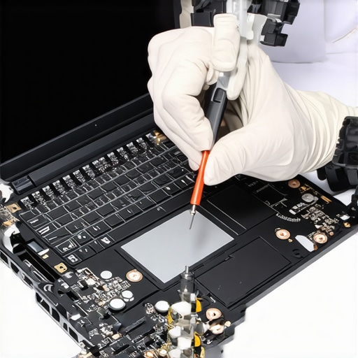 Technician applying thermal gasket to gaming laptop interior for better cooling