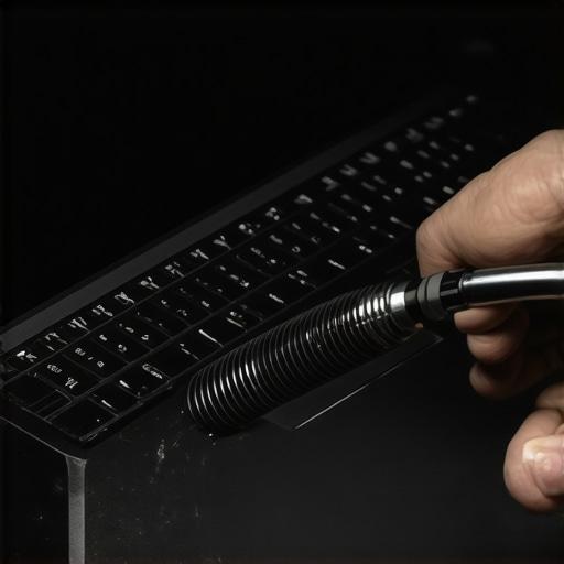 Technician cleaning a gaming laptop's heat vents to improve cooling performance.